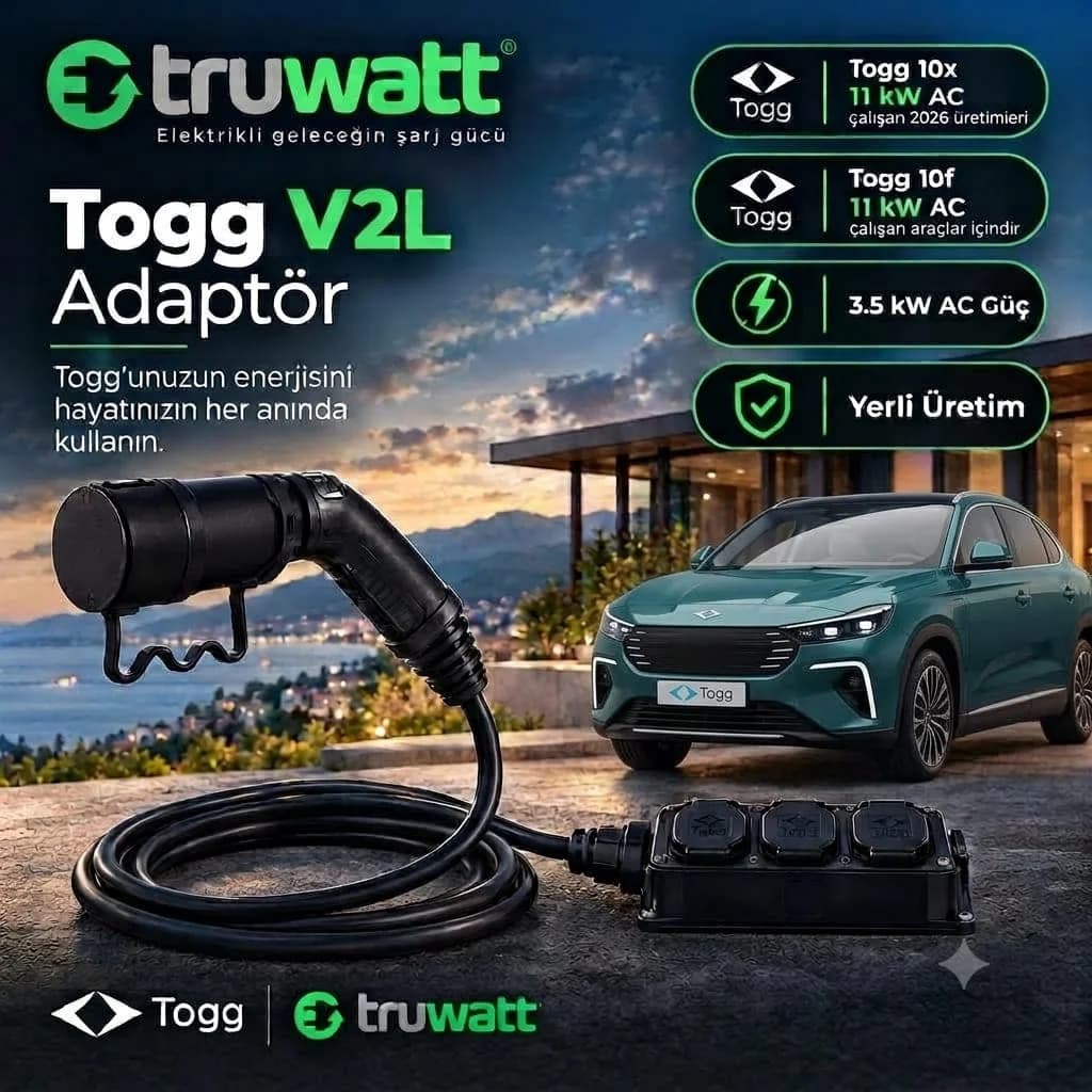 Truwatt TOGG T10F V2L adaptörü — 3'lü grup priz, Type 2 araç soketi