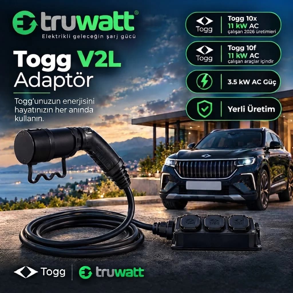 Truwatt TOGG T10X V2L adaptörü — 3'lü grup priz, Type 2 araç soketi