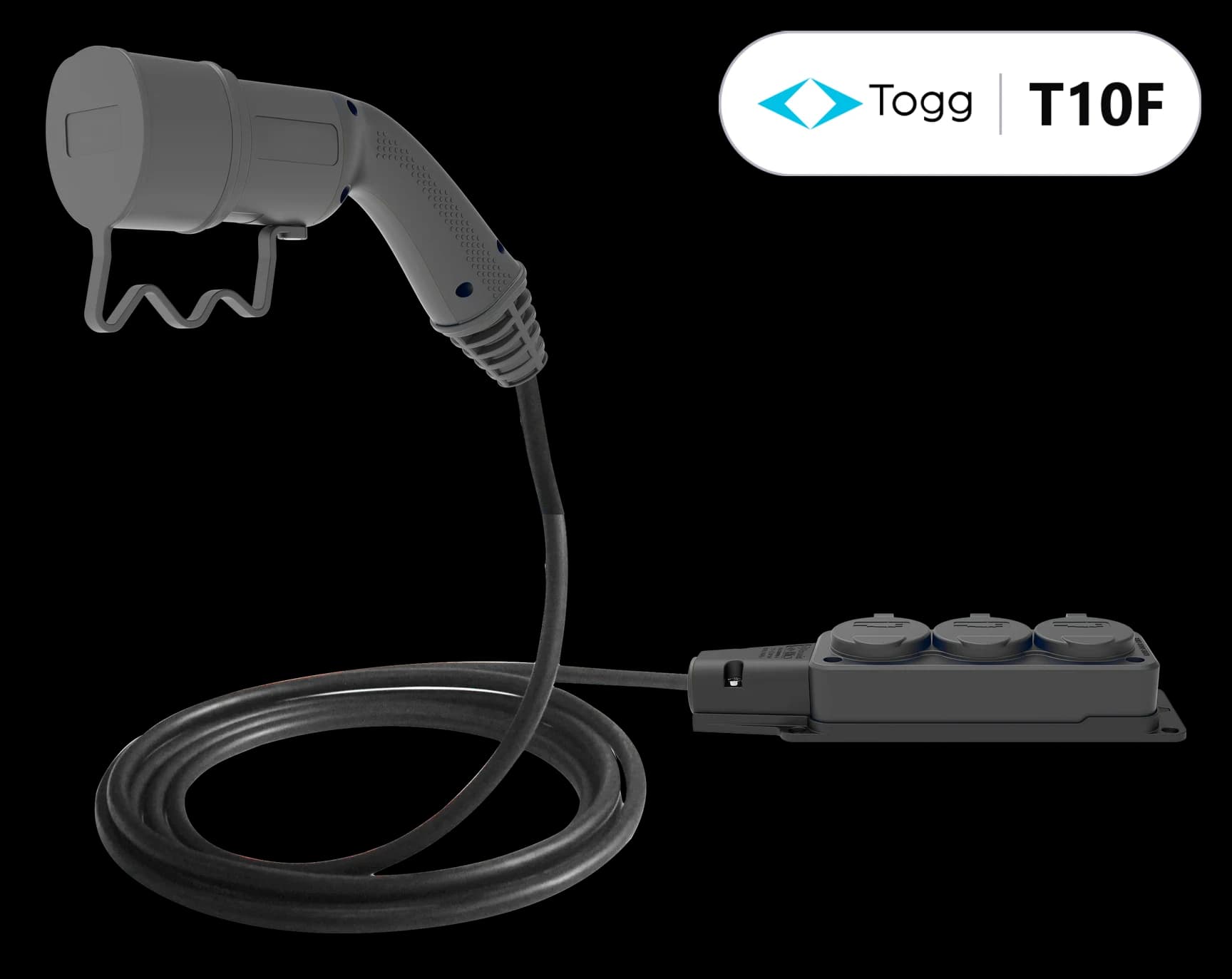 Truwatt TOGG T10F V2L adaptörü — Type 2 fiş, 3'lü grup priz, kablolu